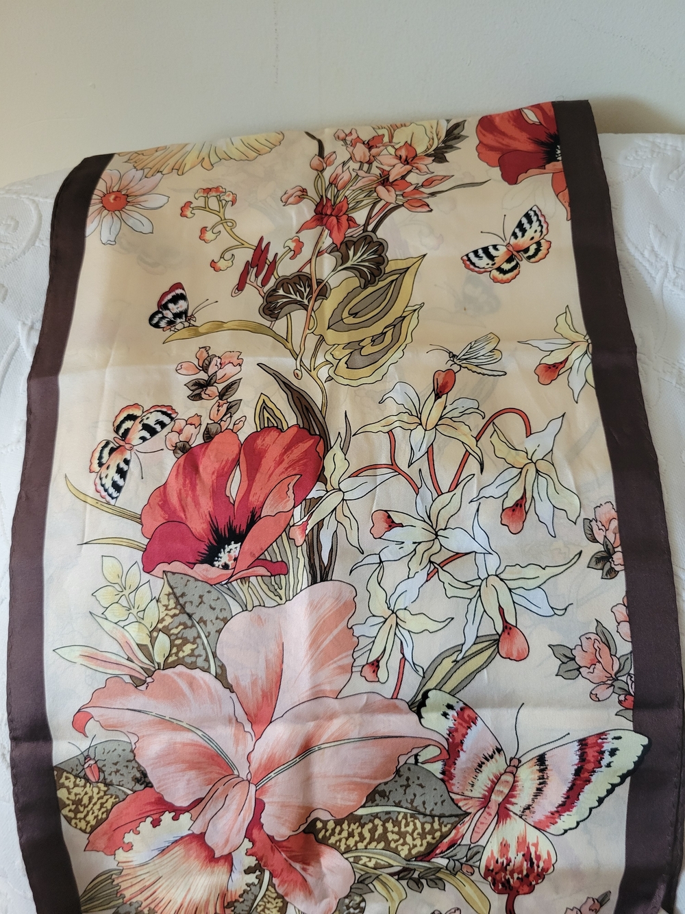 Adrienne Landau Floral Silk Butterfly Scarf in Cream, Coral and Brown